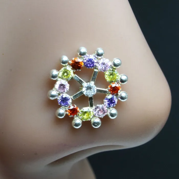Karizma Jewels Rings Wheel Indian 925 Sterling Silver Multicolor CZ Studded Corkscrew nose ring 22g