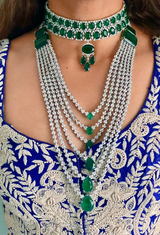 Maharani Double Layered Oval Emerald Drop Diamond Setting Statement Choker Set 6 Layer Emerald Drop Diamond Necklace Set Earrings Necklace PRERTO ECOMMERCE PRIVATE LIMITED Necklaces Maharani Double Layered Oval Emerald Drop Diamond Setting Statement Choker Set 6 Layer Emerald Drop Diamond Necklace Set Earrings Necklace PRERTO ECOMMERCE PRIVATE LIMITED Necklaces