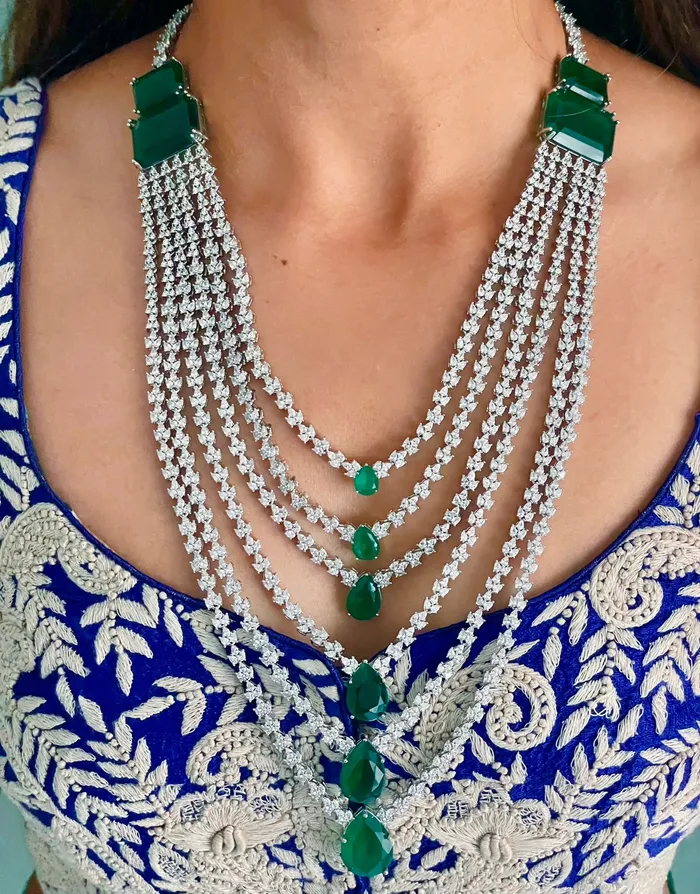 Maharani Double Layered Oval Emerald Drop Diamond Setting Statement Choker Set 6 Layer Emerald Drop Diamond Necklace Set Earrings Necklace PRERTO ECOMMERCE PRIVATE LIMITED Necklaces