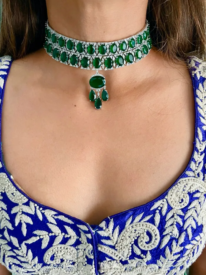 Maharani Double Layered Oval Emerald Drop Diamond Setting Statement Choker Set 6 Layer Emerald Drop Diamond Necklace Set Earrings Necklace PRERTO ECOMMERCE PRIVATE LIMITED Necklaces