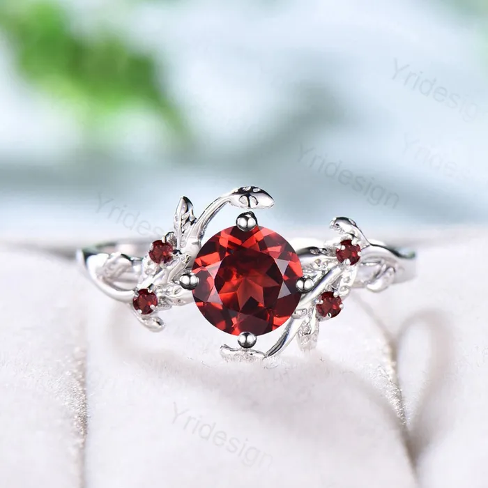 PENFINE Rings Nature Inspired natural garnet ring cluster Leaf engagement ring women unique branch wedding ring January Birthstone Jewelry Proposal Gift