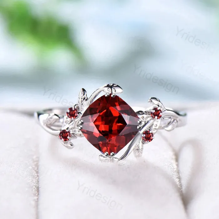 PENFINE Rings Nature Inspired natural garnet ring cluster Leaf engagement ring women unique branch wedding ring January Birthstone Jewelry Proposal Gift