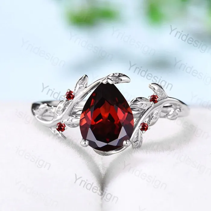 PENFINE Rings Nature Inspired natural garnet ring cluster Leaf engagement ring women unique branch wedding ring January Birthstone Jewelry Proposal Gift