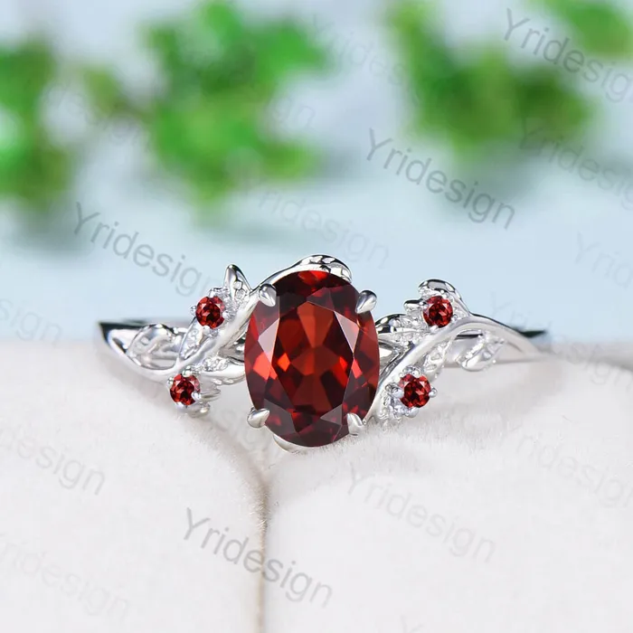 PENFINE Rings Nature Inspired natural garnet ring cluster Leaf engagement ring women unique branch wedding ring January Birthstone Jewelry Proposal Gift