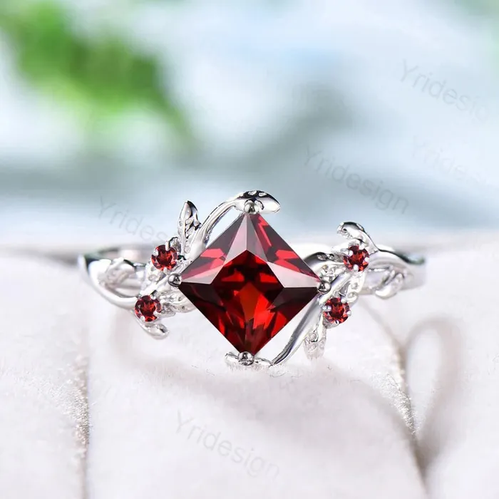 PENFINE Rings Nature Inspired natural garnet ring cluster Leaf engagement ring women unique branch wedding ring January Birthstone Jewelry Proposal Gift