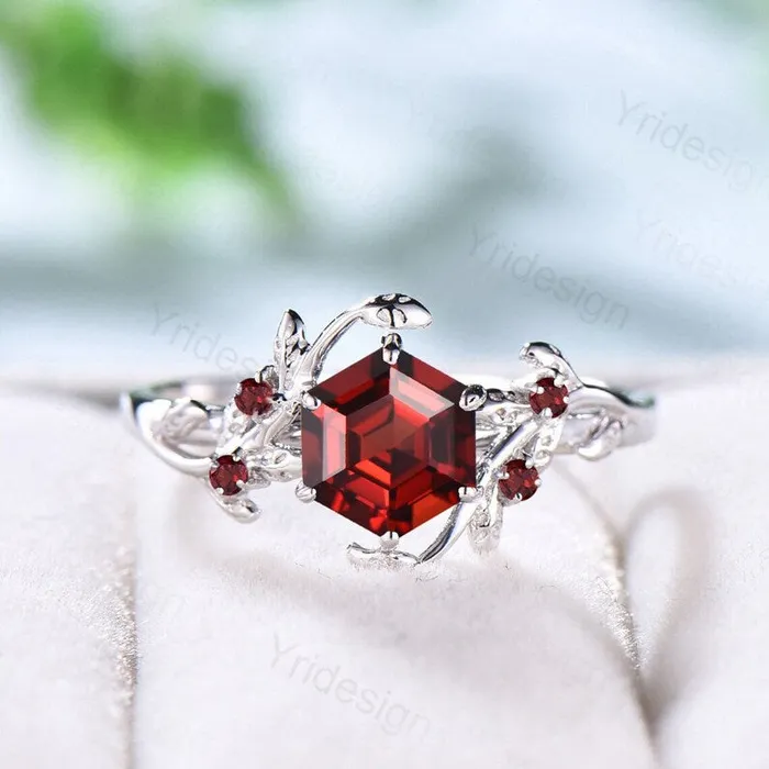 PENFINE Rings Nature Inspired natural garnet ring cluster Leaf engagement ring women unique branch wedding ring January Birthstone Jewelry Proposal Gift