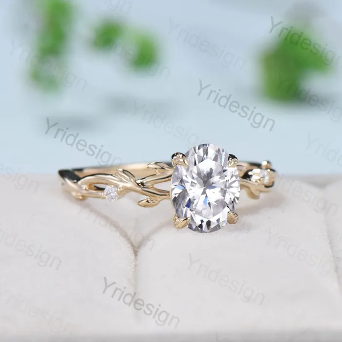 PENFINE Rings Oval Cut Moissanite ring Nature Inspired Moissanite Engagement Ring 14K Yellow Gold Branch Leaf Wedding Ring Unique Twig Promise Ring Women