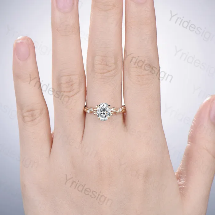 PENFINE Rings Oval Cut Moissanite ring Nature Inspired Moissanite Engagement Ring 14K Yellow Gold Branch Leaf Wedding Ring Unique Twig Promise Ring Women