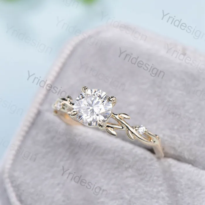 PENFINE Rings Oval Cut Moissanite ring Nature Inspired Moissanite Engagement Ring 14K Yellow Gold Branch Leaf Wedding Ring Unique Twig Promise Ring Women