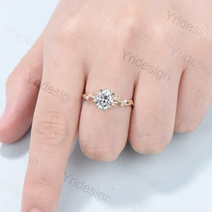 PENFINE Rings Oval Cut Moissanite ring Nature Inspired Moissanite Engagement Ring 14K Yellow Gold Branch Leaf Wedding Ring Unique Twig Promise Ring Women