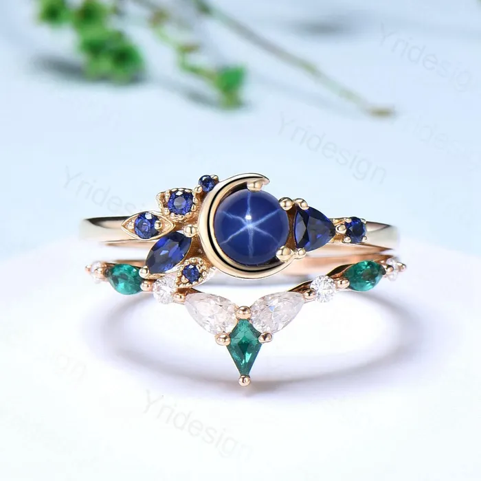 PENFINE Rings Unique Round Star Sapphire Engagement Ring Set Cluster blue sapphire Wedding Set Unique Personalized Emerald Stacking Band Anniversary Gift PENFINE Rings Unique Round Star Sapphire Engagement Ring Set Cluster blue sapphire Wedding Set Unique Personalized Emerald Stacking Band Anniversary Gift