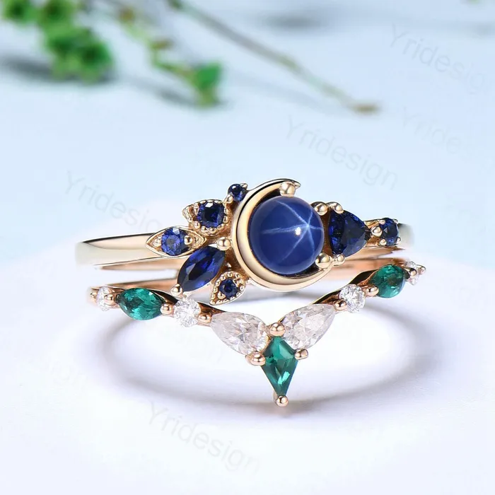 PENFINE Rings Unique Round Star Sapphire Engagement Ring Set Cluster blue sapphire Wedding Set Unique Personalized Emerald Stacking Band Anniversary Gift PENFINE Rings Unique Round Star Sapphire Engagement Ring Set Cluster blue sapphire Wedding Set Unique Personalized Emerald Stacking Band Anniversary Gift