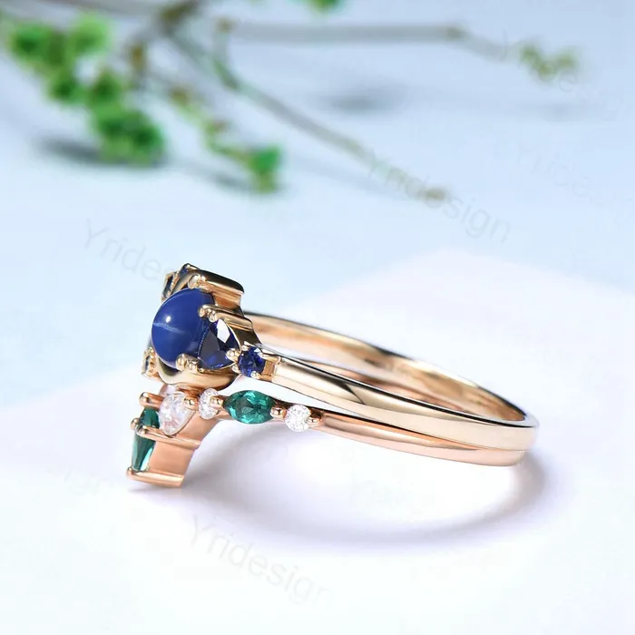 PENFINE Rings Unique Round Star Sapphire Engagement Ring Set Cluster blue sapphire Wedding Set Unique Personalized Emerald Stacking Band Anniversary Gift PENFINE Rings Unique Round Star Sapphire Engagement Ring Set Cluster blue sapphire Wedding Set Unique Personalized Emerald Stacking Band Anniversary Gift