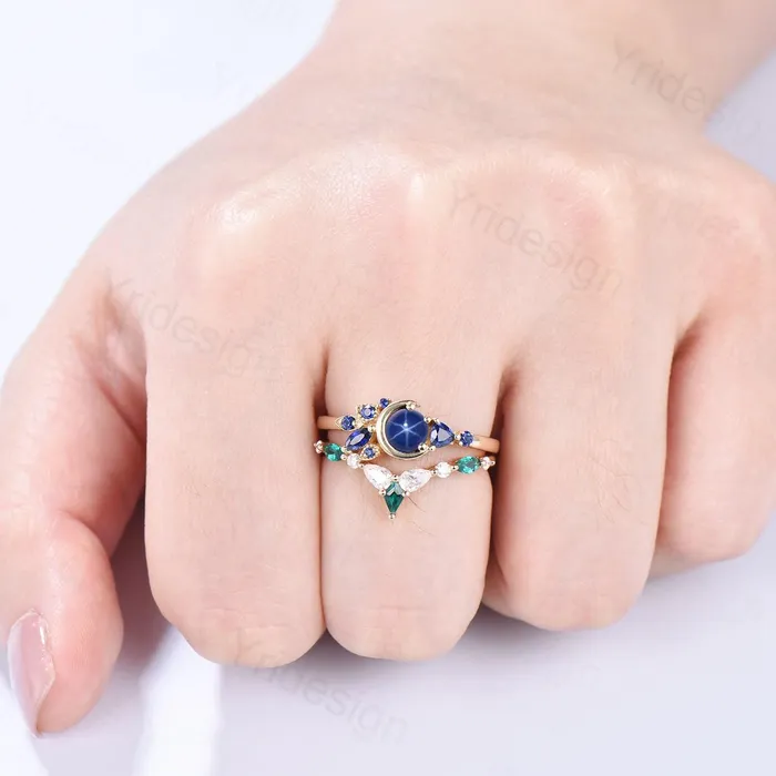 PENFINE Rings Unique Round Star Sapphire Engagement Ring Set Cluster blue sapphire Wedding Set Unique Personalized Emerald Stacking Band Anniversary Gift PENFINE Rings Unique Round Star Sapphire Engagement Ring Set Cluster blue sapphire Wedding Set Unique Personalized Emerald Stacking Band Anniversary Gift