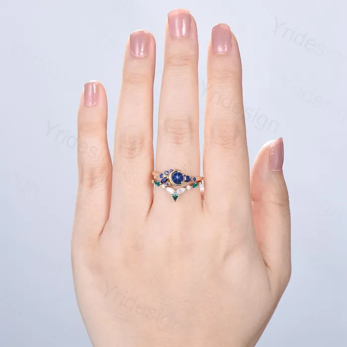 PENFINE Rings Unique Round Star Sapphire Engagement Ring Set Cluster blue sapphire Wedding Set Unique Personalized Emerald Stacking Band Anniversary Gift PENFINE Rings Unique Round Star Sapphire Engagement Ring Set Cluster blue sapphire Wedding Set Unique Personalized Emerald Stacking Band Anniversary Gift
