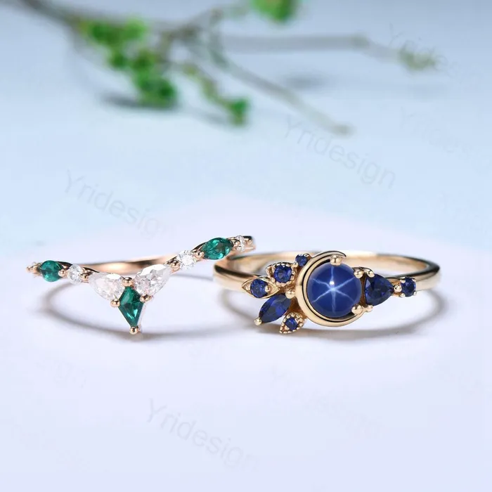 PENFINE Rings Unique Round Star Sapphire Engagement Ring Set Cluster blue sapphire Wedding Set Unique Personalized Emerald Stacking Band Anniversary Gift PENFINE Rings Unique Round Star Sapphire Engagement Ring Set Cluster blue sapphire Wedding Set Unique Personalized Emerald Stacking Band Anniversary Gift