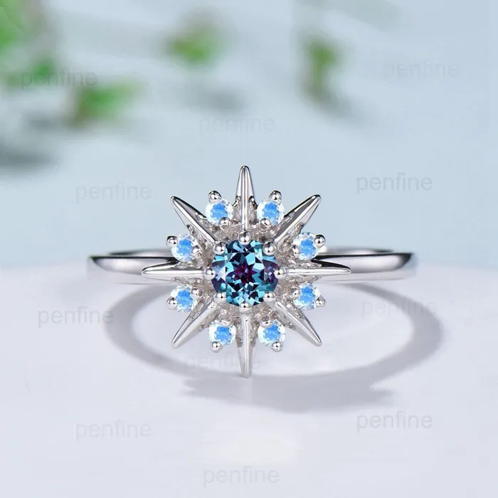 PENFINE Rings Vintage Galaxy Star Alexandrite Engagement Ring Sunflower White Gold Art Deco Moonstone Stacking Promise Ring Handmade Proposal Gifts Women PENFINE Rings Vintage Galaxy Star Alexandrite Engagement Ring Sunflower White Gold Art Deco Moonstone Stacking Promise Ring Handmade Proposal Gifts Women
