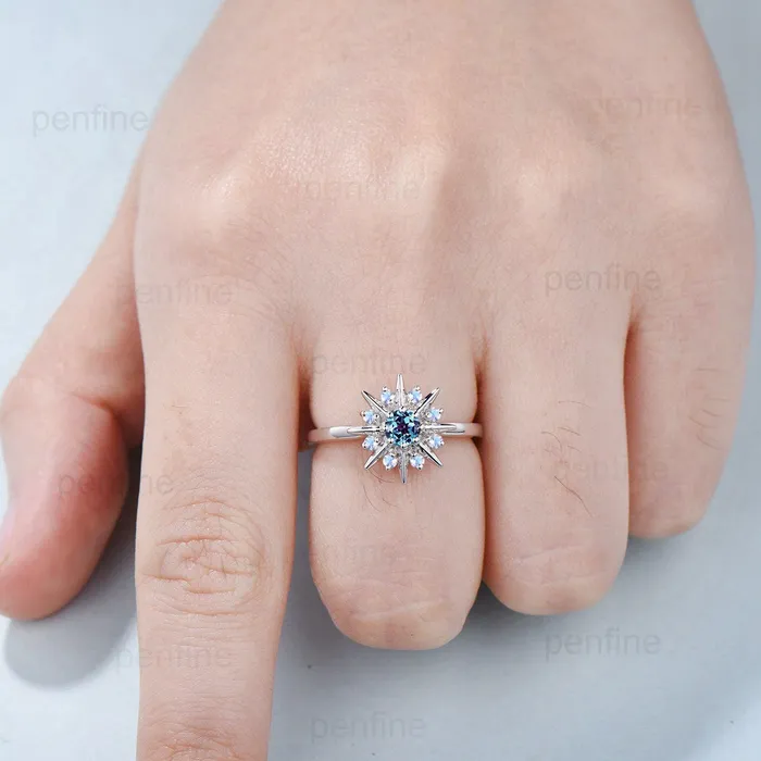PENFINE Rings Vintage Galaxy Star Alexandrite Engagement Ring Sunflower White Gold Art Deco Moonstone Stacking Promise Ring Handmade Proposal Gifts Women PENFINE Rings Vintage Galaxy Star Alexandrite Engagement Ring Sunflower White Gold Art Deco Moonstone Stacking Promise Ring Handmade Proposal Gifts Women
