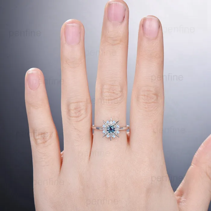 PENFINE Rings Vintage Galaxy Star Alexandrite Engagement Ring Sunflower White Gold Art Deco Moonstone Stacking Promise Ring Handmade Proposal Gifts Women PENFINE Rings Vintage Galaxy Star Alexandrite Engagement Ring Sunflower White Gold Art Deco Moonstone Stacking Promise Ring Handmade Proposal Gifts Women