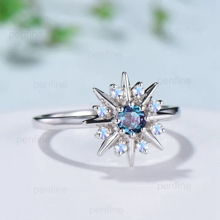 PENFINE Rings Vintage Galaxy Star Alexandrite Engagement Ring Sunflower White Gold Art Deco Moonstone Stacking Promise Ring Handmade Proposal Gifts Women PENFINE Rings Vintage Galaxy Star Alexandrite Engagement Ring Sunflower White Gold Art Deco Moonstone Stacking Promise Ring Handmade Proposal Gifts Women