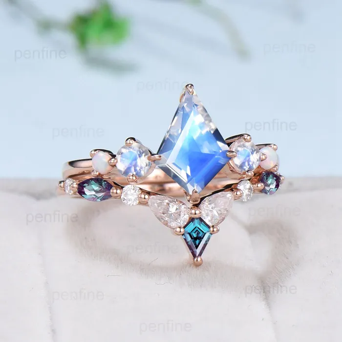 PENFINE Rings Vintage Kite Cut Moonstone Engagement Ring Unique Rainbow Blue Moonstone Opal Wedding Set Crown Art Deco Stacking Alexandrite Bridal Set hER PENFINE Rings Vintage Kite Cut Moonstone Engagement Ring Unique Rainbow Blue Moonstone Opal Wedding Set Crown Art Deco Stacking Alexandrite Bridal Set hER