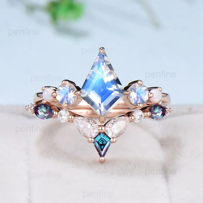 PENFINE Rings Vintage Kite Cut Moonstone Engagement Ring Unique Rainbow Blue Moonstone Opal Wedding Set Crown Art Deco Stacking Alexandrite Bridal Set hER PENFINE Rings Vintage Kite Cut Moonstone Engagement Ring Unique Rainbow Blue Moonstone Opal Wedding Set Crown Art Deco Stacking Alexandrite Bridal Set hER