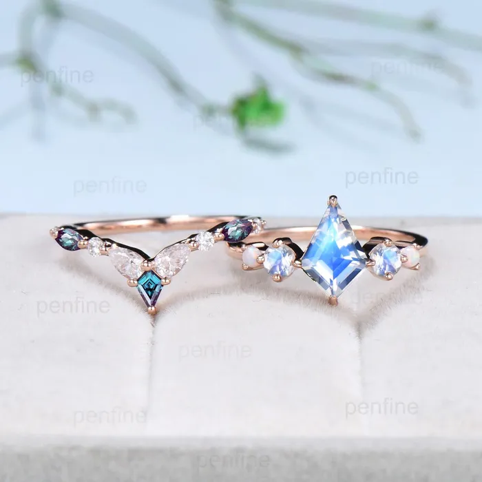 PENFINE Rings Vintage Kite Cut Moonstone Engagement Ring Unique Rainbow Blue Moonstone Opal Wedding Set Crown Art Deco Stacking Alexandrite Bridal Set hER PENFINE Rings Vintage Kite Cut Moonstone Engagement Ring Unique Rainbow Blue Moonstone Opal Wedding Set Crown Art Deco Stacking Alexandrite Bridal Set hER