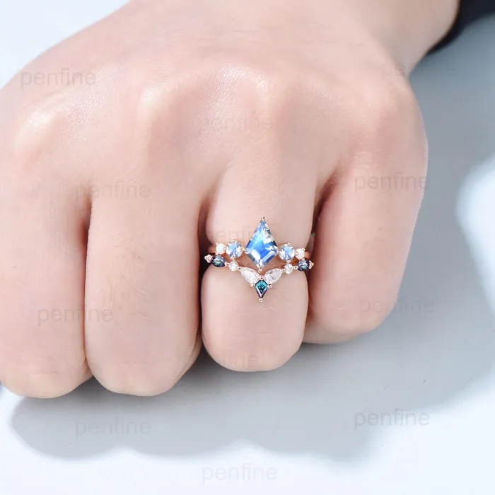 PENFINE Rings Vintage Kite Cut Moonstone Engagement Ring Unique Rainbow Blue Moonstone Opal Wedding Set Crown Art Deco Stacking Alexandrite Bridal Set hER PENFINE Rings Vintage Kite Cut Moonstone Engagement Ring Unique Rainbow Blue Moonstone Opal Wedding Set Crown Art Deco Stacking Alexandrite Bridal Set hER