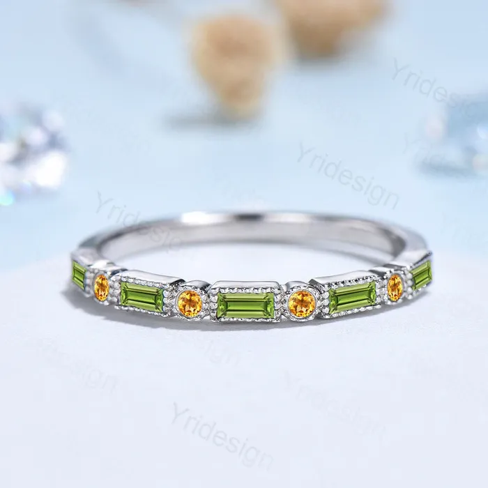 PENFINE Rings Vintage Peridot Wedding Band Baguette cut wedding ring for women Unique Citrine Stacking Matching Bridal ring Anniversary band ring PENFINE Rings Vintage Peridot Wedding Band Baguette cut wedding ring for women Unique Citrine Stacking Matching Bridal ring Anniversary band ring