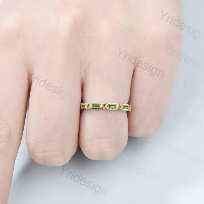 PENFINE Rings Vintage Peridot Wedding Band Baguette cut wedding ring for women Unique Citrine Stacking Matching Bridal ring Anniversary band ring PENFINE Rings Vintage Peridot Wedding Band Baguette cut wedding ring for women Unique Citrine Stacking Matching Bridal ring Anniversary band ring