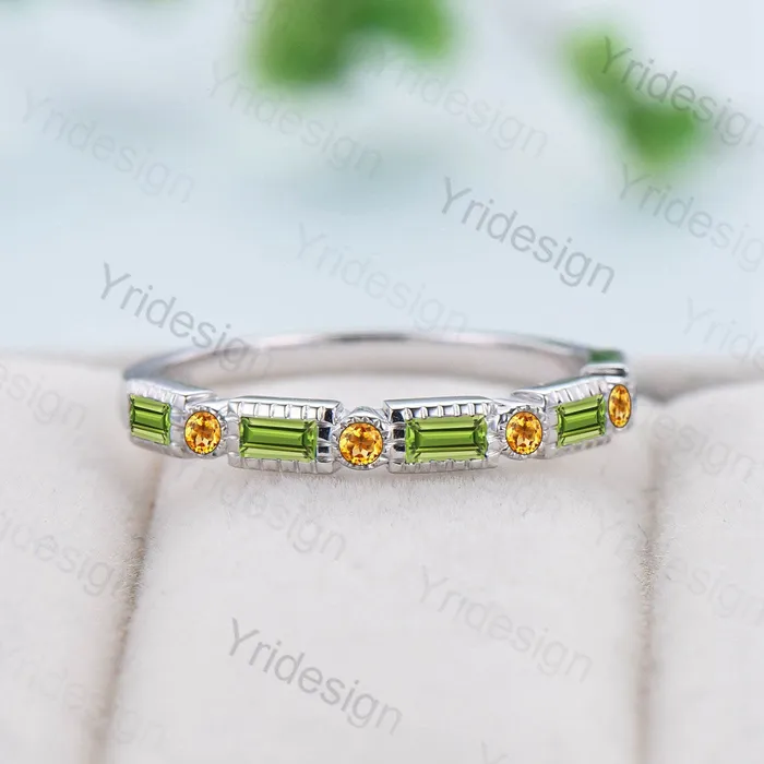 PENFINE Rings Vintage Peridot Wedding Band Baguette cut wedding ring for women Unique Citrine Stacking Matching Bridal ring Anniversary band ring PENFINE Rings Vintage Peridot Wedding Band Baguette cut wedding ring for women Unique Citrine Stacking Matching Bridal ring Anniversary band ring