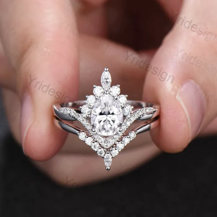 PENFINE Rings Vintage Retro Moissanite engagement ring set Vintage Pear shaped Moissanite wedding ring set white gold Unique Twisted Promise ring for her PENFINE Rings Vintage Retro Moissanite engagement ring set Vintage Pear shaped Moissanite wedding ring set white gold Unique Twisted Promise ring for her