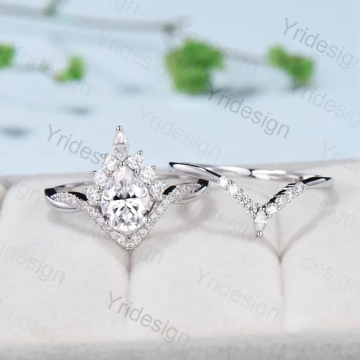 PENFINE Rings Vintage Retro Moissanite engagement ring set Vintage Pear shaped Moissanite wedding ring set white gold Unique Twisted Promise ring for her