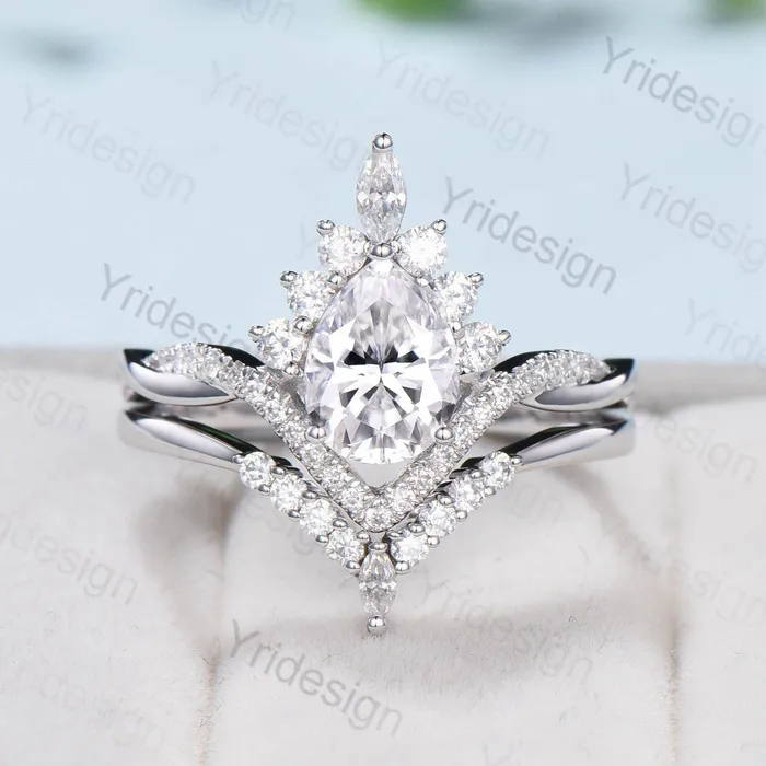 PENFINE Rings Vintage Retro Moissanite engagement ring set Vintage Pear shaped Moissanite wedding ring set white gold Unique Twisted Promise ring for her