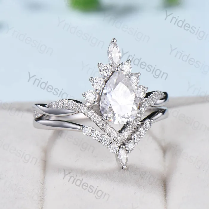PENFINE Rings Vintage Retro Moissanite engagement ring set Vintage Pear shaped Moissanite wedding ring set white gold Unique Twisted Promise ring for her