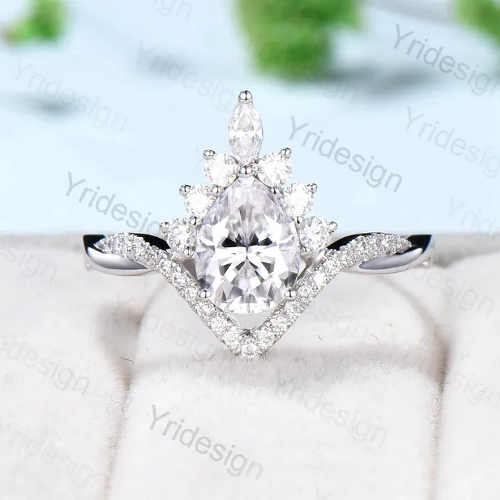 PENFINE Rings Vintage Retro Moissanite engagement ring set Vintage Pear shaped Moissanite wedding ring set white gold Unique Twisted Promise ring for her