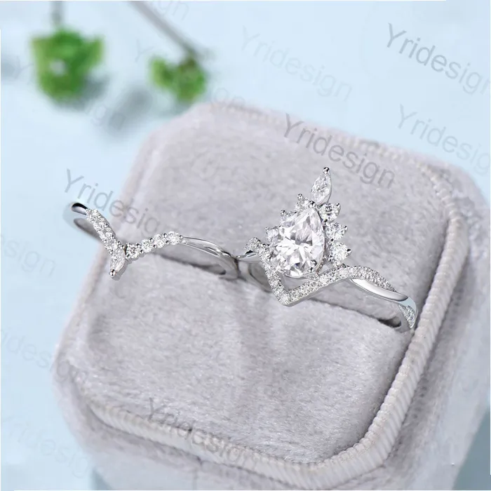 PENFINE Rings Vintage Retro Moissanite engagement ring set Vintage Pear shaped Moissanite wedding ring set white gold Unique Twisted Promise ring for her