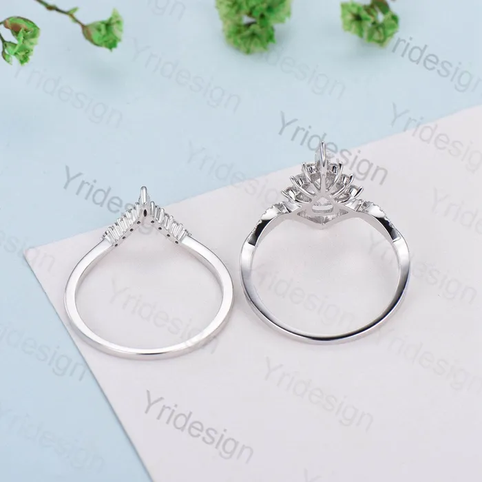 PENFINE Rings Vintage Retro Moissanite engagement ring set Vintage Pear shaped Moissanite wedding ring set white gold Unique Twisted Promise ring for her