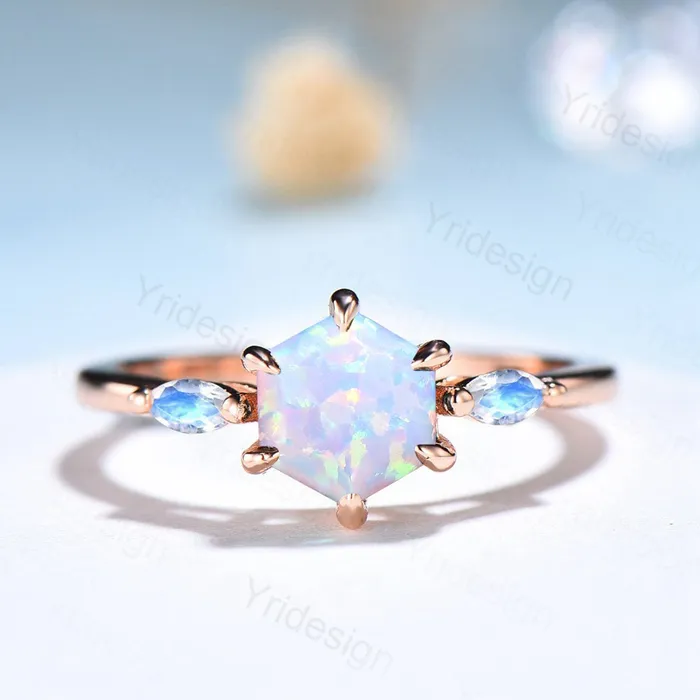 PENFINE Rings White Fire Opal Ring Hexagon Cut Opal Engagement Ring Vintage Three Stone Marquise Moonstone Wedding Ring Women 6 Prongs Anniversary Ring