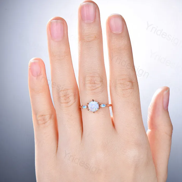 PENFINE Rings White Fire Opal Ring Hexagon Cut Opal Engagement Ring Vintage Three Stone Marquise Moonstone Wedding Ring Women 6 Prongs Anniversary Ring PENFINE Rings White Fire Opal Ring Hexagon Cut Opal Engagement Ring Vintage Three Stone Marquise Moonstone Wedding Ring Women 6 Prongs Anniversary Ring