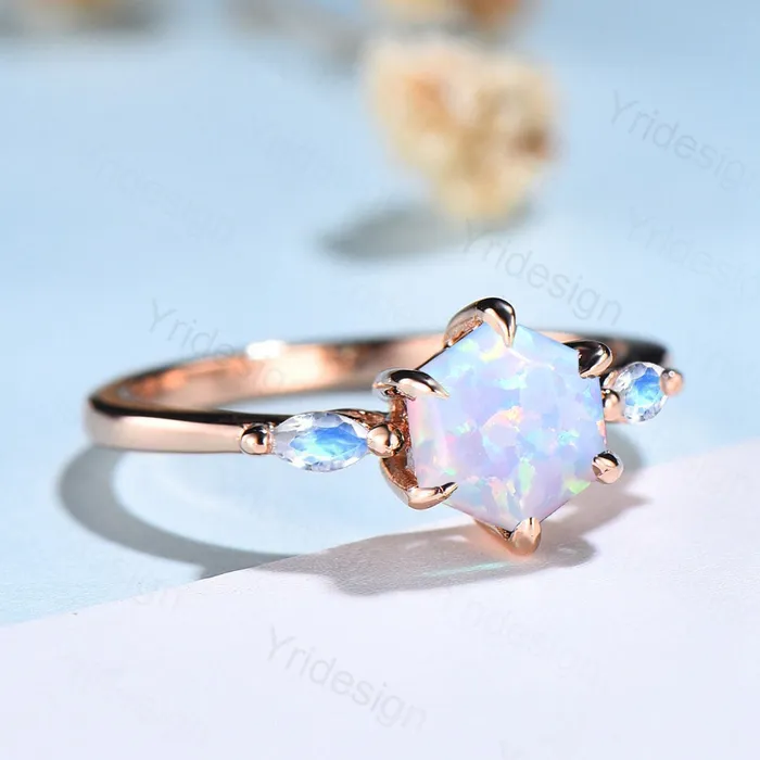 PENFINE Rings White Fire Opal Ring Hexagon Cut Opal Engagement Ring Vintage Three Stone Marquise Moonstone Wedding Ring Women 6 Prongs Anniversary Ring PENFINE Rings White Fire Opal Ring Hexagon Cut Opal Engagement Ring Vintage Three Stone Marquise Moonstone Wedding Ring Women 6 Prongs Anniversary Ring