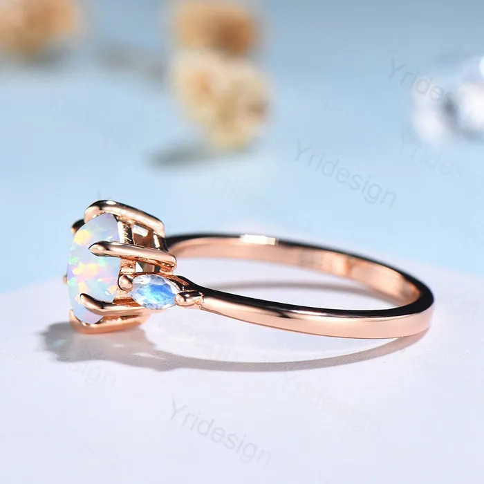 PENFINE Rings White Fire Opal Ring Hexagon Cut Opal Engagement Ring Vintage Three Stone Marquise Moonstone Wedding Ring Women 6 Prongs Anniversary Ring PENFINE Rings White Fire Opal Ring Hexagon Cut Opal Engagement Ring Vintage Three Stone Marquise Moonstone Wedding Ring Women 6 Prongs Anniversary Ring