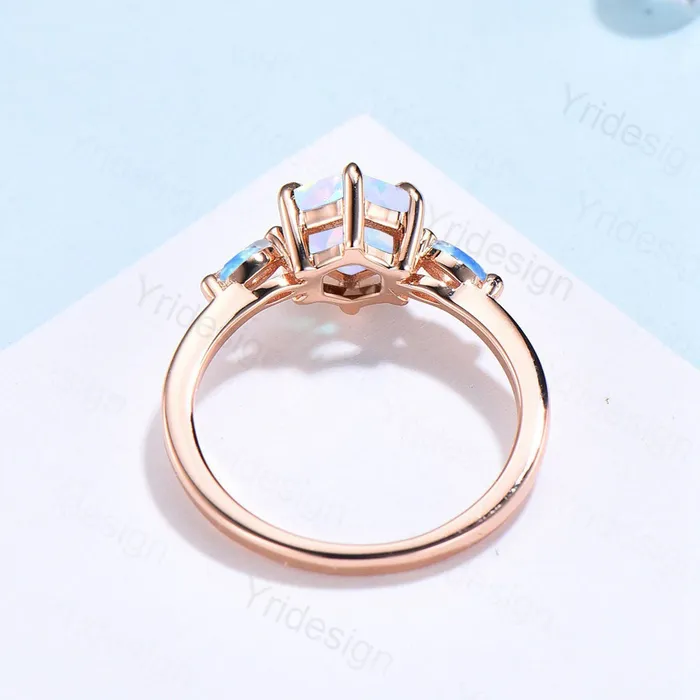 PENFINE Rings White Fire Opal Ring Hexagon Cut Opal Engagement Ring Vintage Three Stone Marquise Moonstone Wedding Ring Women 6 Prongs Anniversary Ring PENFINE Rings White Fire Opal Ring Hexagon Cut Opal Engagement Ring Vintage Three Stone Marquise Moonstone Wedding Ring Women 6 Prongs Anniversary Ring