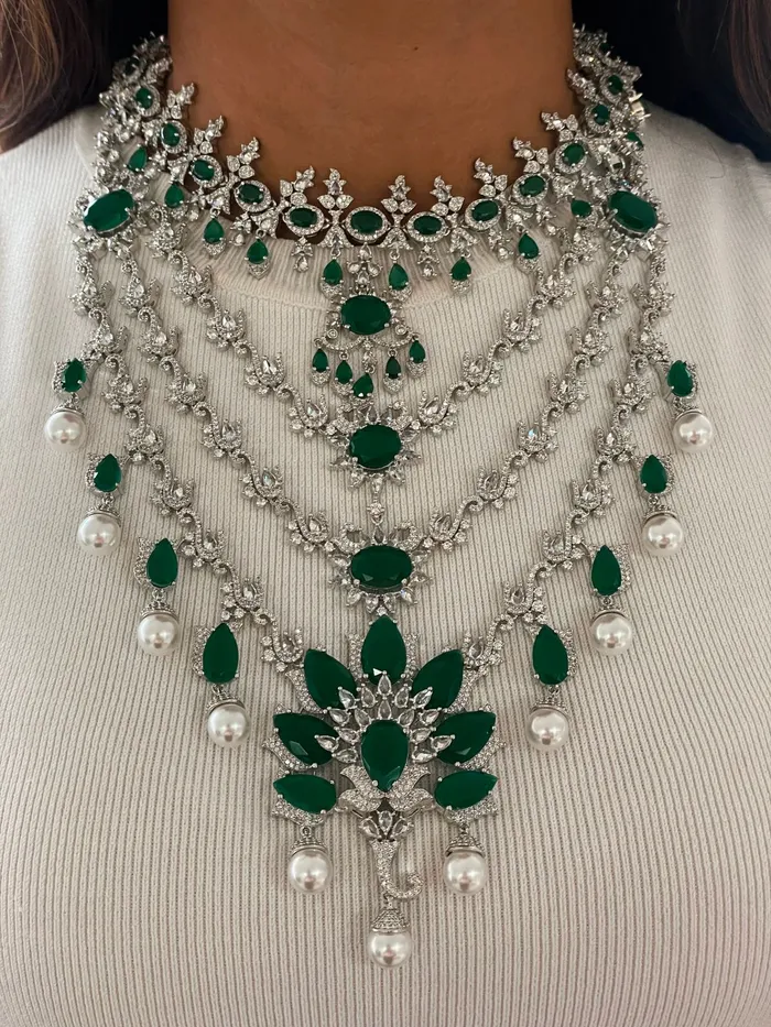 PRERTO ECOMMERCE PRIVATE LIMITED Necklaces Maharani Emerald Dimonte Statement Drop Necklace Set 3 Layer Statement Tear Drop Emerald Dimonte Pearl Drop Necklace Set PRERTO ECOMMERCE PRIVATE LIMITED Necklaces Maharani Emerald Dimonte Statement Drop Necklace Set 3 Layer Statement Tear Drop Emerald Dimonte Pearl Drop Necklace Set