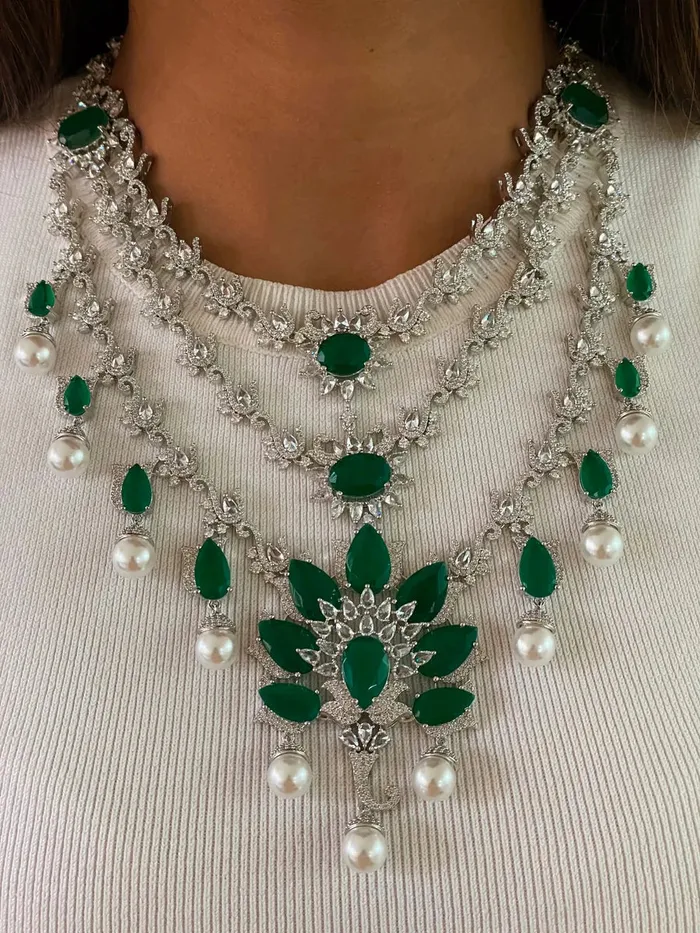 PRERTO ECOMMERCE PRIVATE LIMITED Necklaces Maharani Emerald Dimonte Statement Drop Necklace Set 3 Layer Statement Tear Drop Emerald Dimonte Pearl Drop Necklace Set