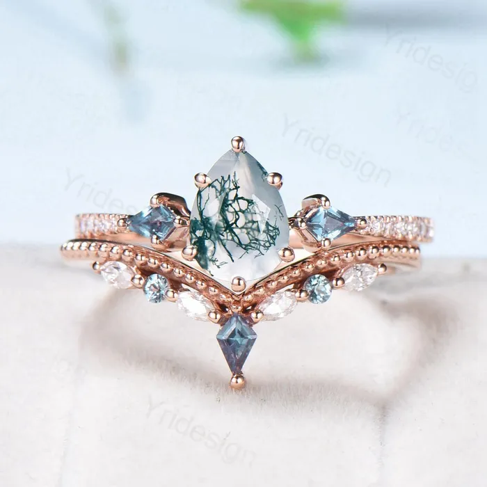 Rings 125 Carat Pear Shaped Natural Green Moss Agate Engagement Ring Set Vintage 14k Rose Gold Milgrain Kite Agate Bridal Ring Set Ring for Women PENFINE Rings 125 Carat Pear Shaped Natural Green Moss Agate Engagement Ring Set Vintage 14k Rose Gold Milgrain Kite Agate Bridal Ring Set Ring for Women PENFINE