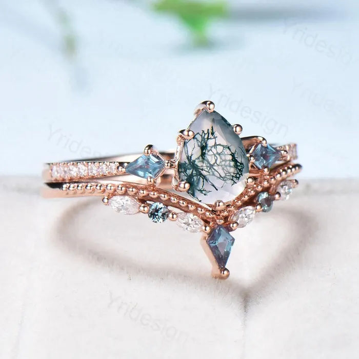 Rings 125 Carat Pear Shaped Natural Green Moss Agate Engagement Ring Set Vintage 14k Rose Gold Milgrain Kite Agate Bridal Ring Set Ring for Women PENFINE Rings 125 Carat Pear Shaped Natural Green Moss Agate Engagement Ring Set Vintage 14k Rose Gold Milgrain Kite Agate Bridal Ring Set Ring for Women PENFINE