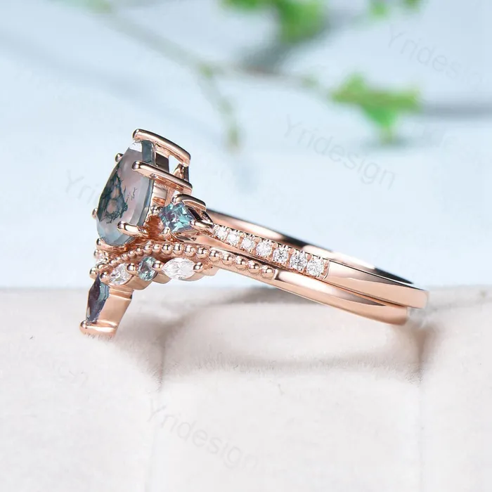 Rings 125 Carat Pear Shaped Natural Green Moss Agate Engagement Ring Set Vintage 14k Rose Gold Milgrain Kite Agate Bridal Ring Set Ring for Women PENFINE Rings 125 Carat Pear Shaped Natural Green Moss Agate Engagement Ring Set Vintage 14k Rose Gold Milgrain Kite Agate Bridal Ring Set Ring for Women PENFINE