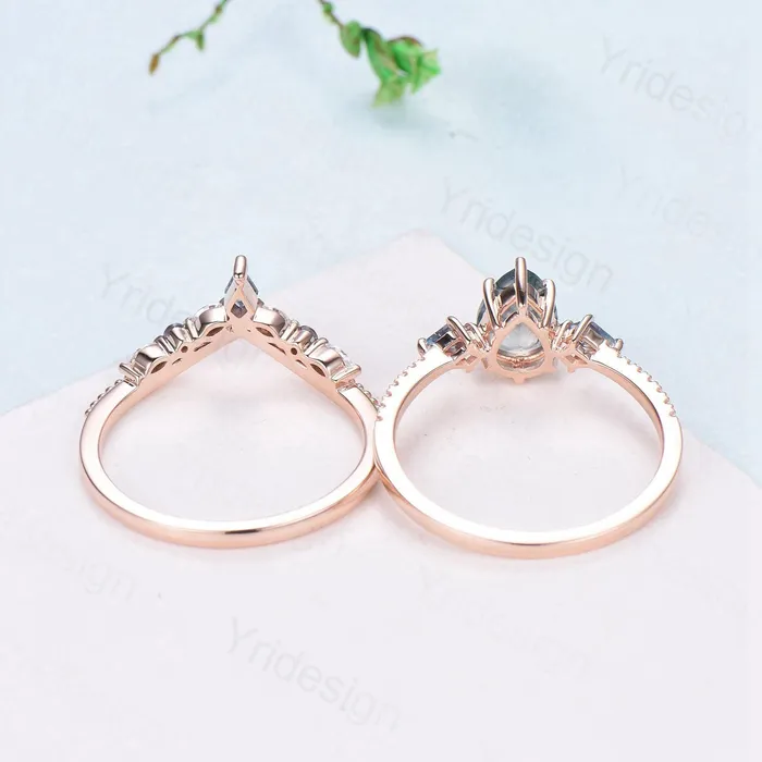 Rings 125 Carat Pear Shaped Natural Green Moss Agate Engagement Ring Set Vintage 14k Rose Gold Milgrain Kite Agate Bridal Ring Set Ring for Women PENFINE Rings 125 Carat Pear Shaped Natural Green Moss Agate Engagement Ring Set Vintage 14k Rose Gold Milgrain Kite Agate Bridal Ring Set Ring for Women PENFINE