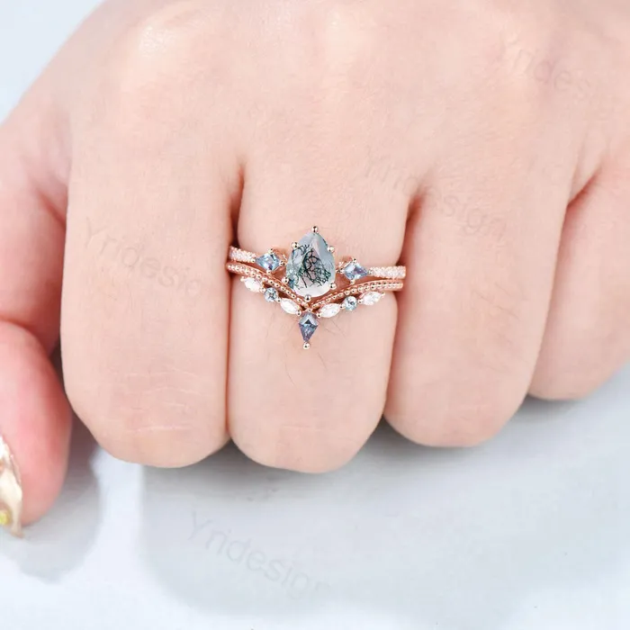 Rings 125 Carat Pear Shaped Natural Green Moss Agate Engagement Ring Set Vintage 14k Rose Gold Milgrain Kite Agate Bridal Ring Set Ring for Women PENFINE Rings 125 Carat Pear Shaped Natural Green Moss Agate Engagement Ring Set Vintage 14k Rose Gold Milgrain Kite Agate Bridal Ring Set Ring for Women PENFINE